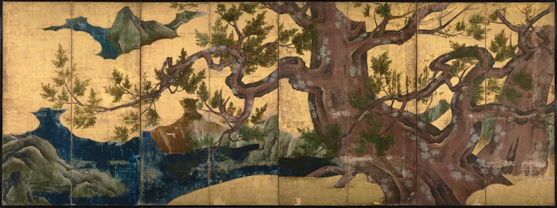 狩野永徳『檜図屏風』。桃山文化の障壁画。