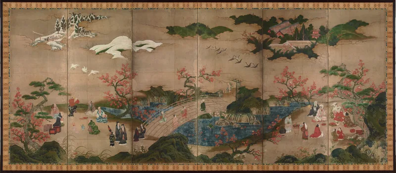 狩野秀頼『高雄観楓図屏風』。桃山文化の風俗画。