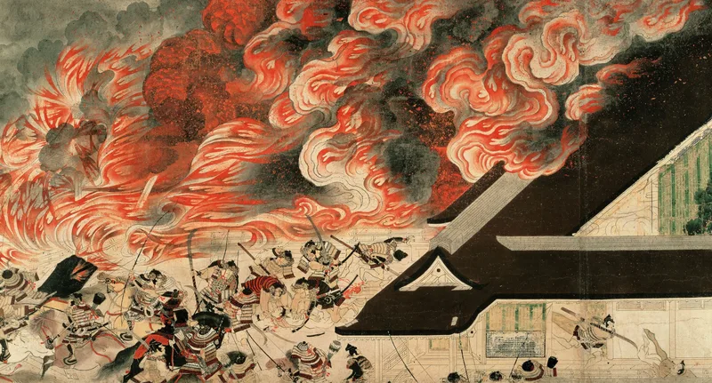 『平治物語絵巻』1159年、藤原信頼、源義朝軍が後白河院の三条殿を襲撃している。