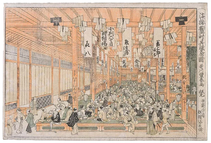 歌川豊春『浮絵駿河町呉服屋図』江戸時代の三井越後屋（現在の三越）の様子が描かれている。