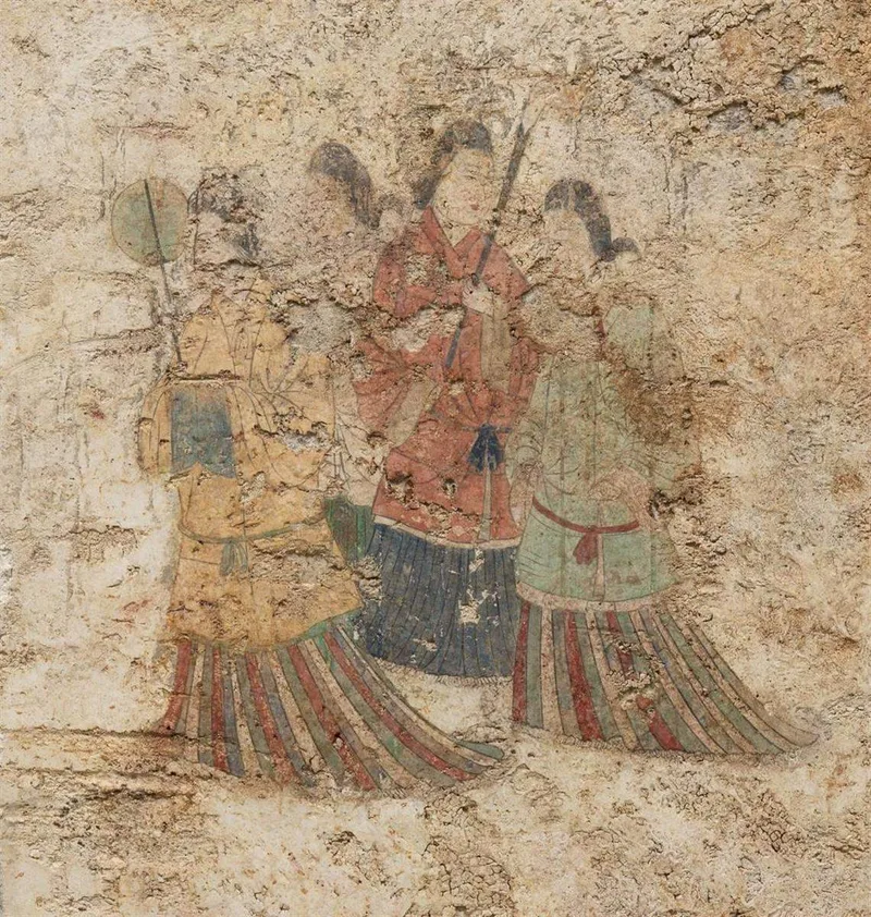 高松塚古墳壁画女子群像。白鳳文化の絵画。