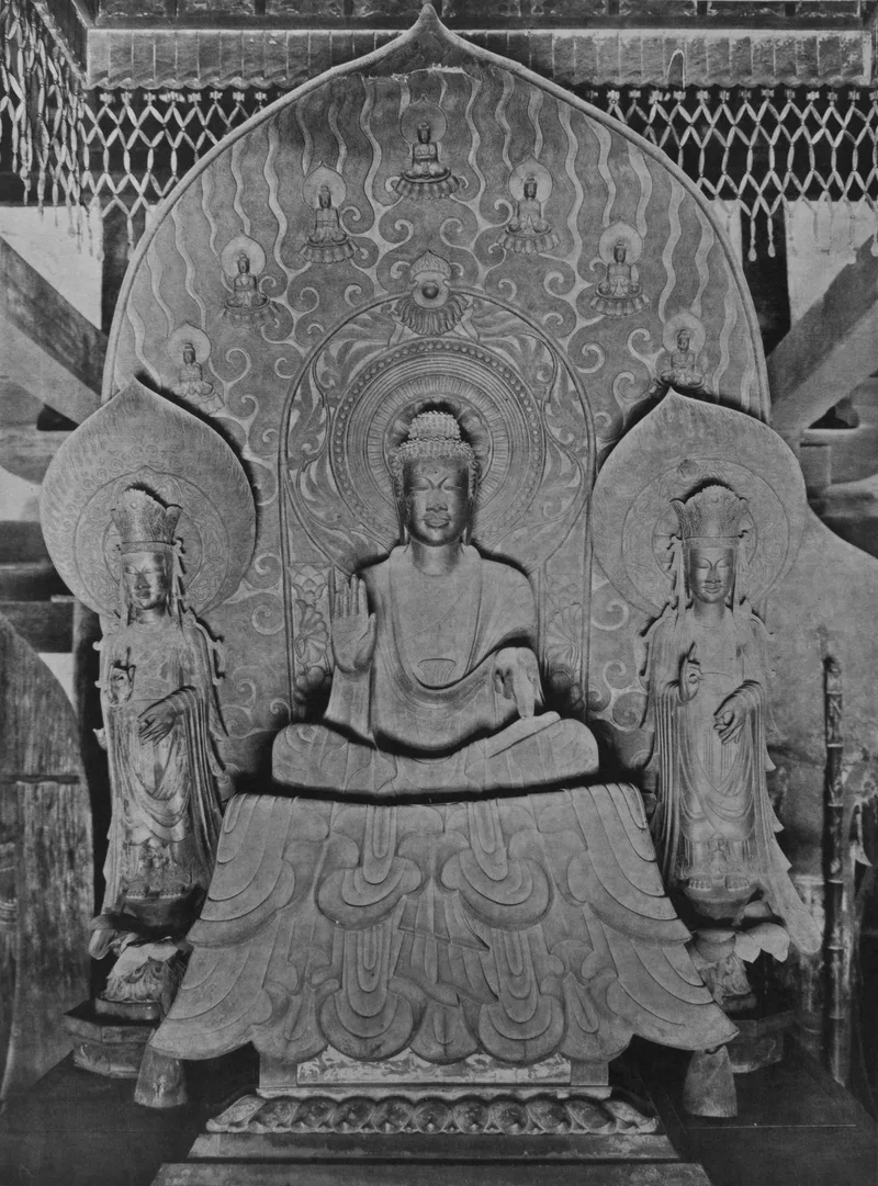 法隆寺金堂釈迦三尊像。北魏様式の仏像。